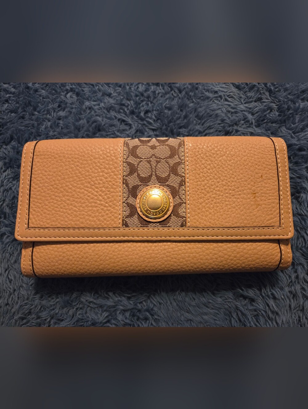 Coach Pebbled Leather and Signature Canvas Checkbook Wallet in Tan And Brown